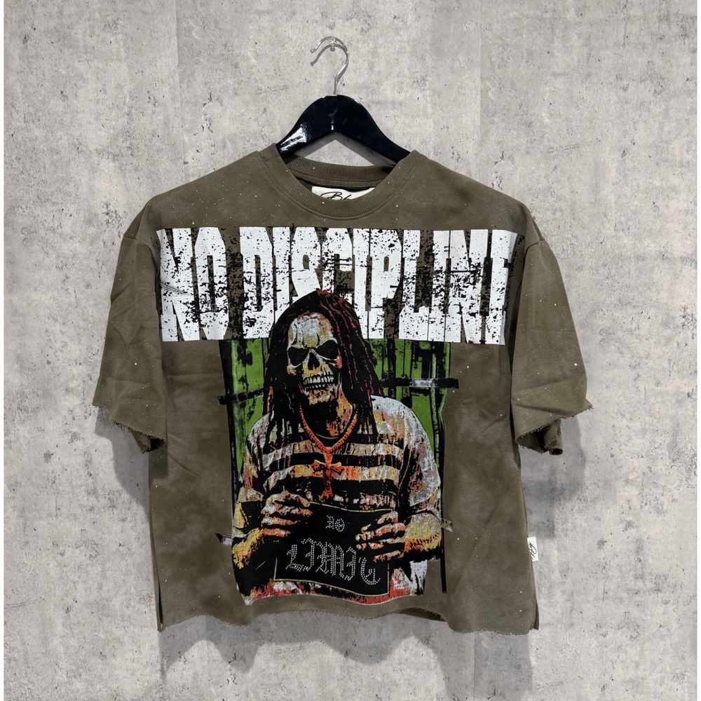 BKYS No Discipline Graphic Tee Olive Green Distressed Skeleton Shirt Mens Medium